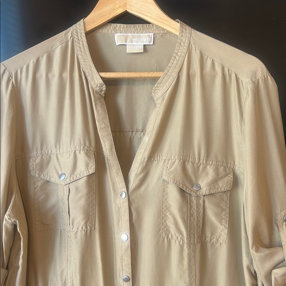 Michael Kors 100% Silk Khaki Shirt Dress Roll Tab Sleeves Size XL - Picture 9 of 13